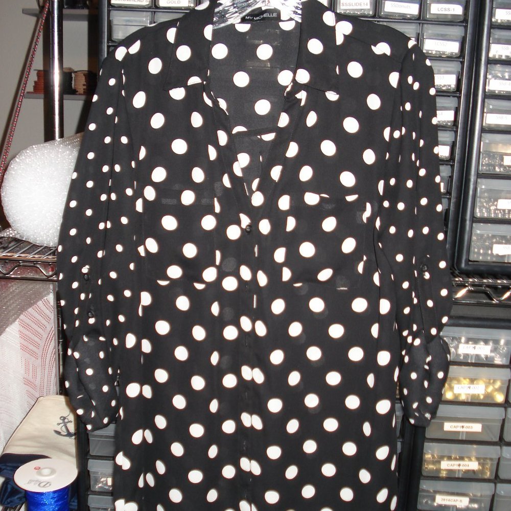 My Michelle Black Polka Dots Collar V-Neck Long Sleeves